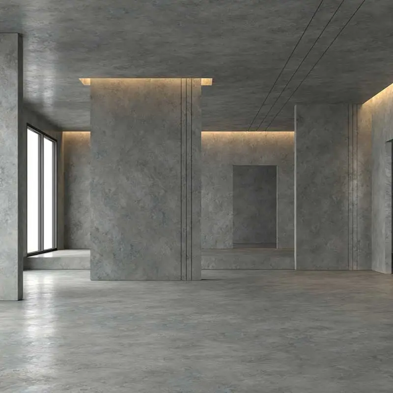 Interior de espacio arquitectónico con muros y pisos de concreto pulido de alta gama con iluminación premium en Campeche